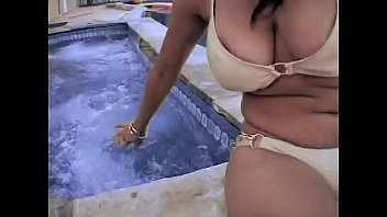 Busty ebony chick Misti Love get acquinted with interesting black dude during pool party